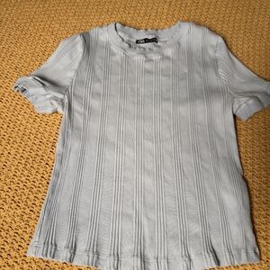 Zara Light Blue Ribbed Short Sleeve Top Womens Size Large